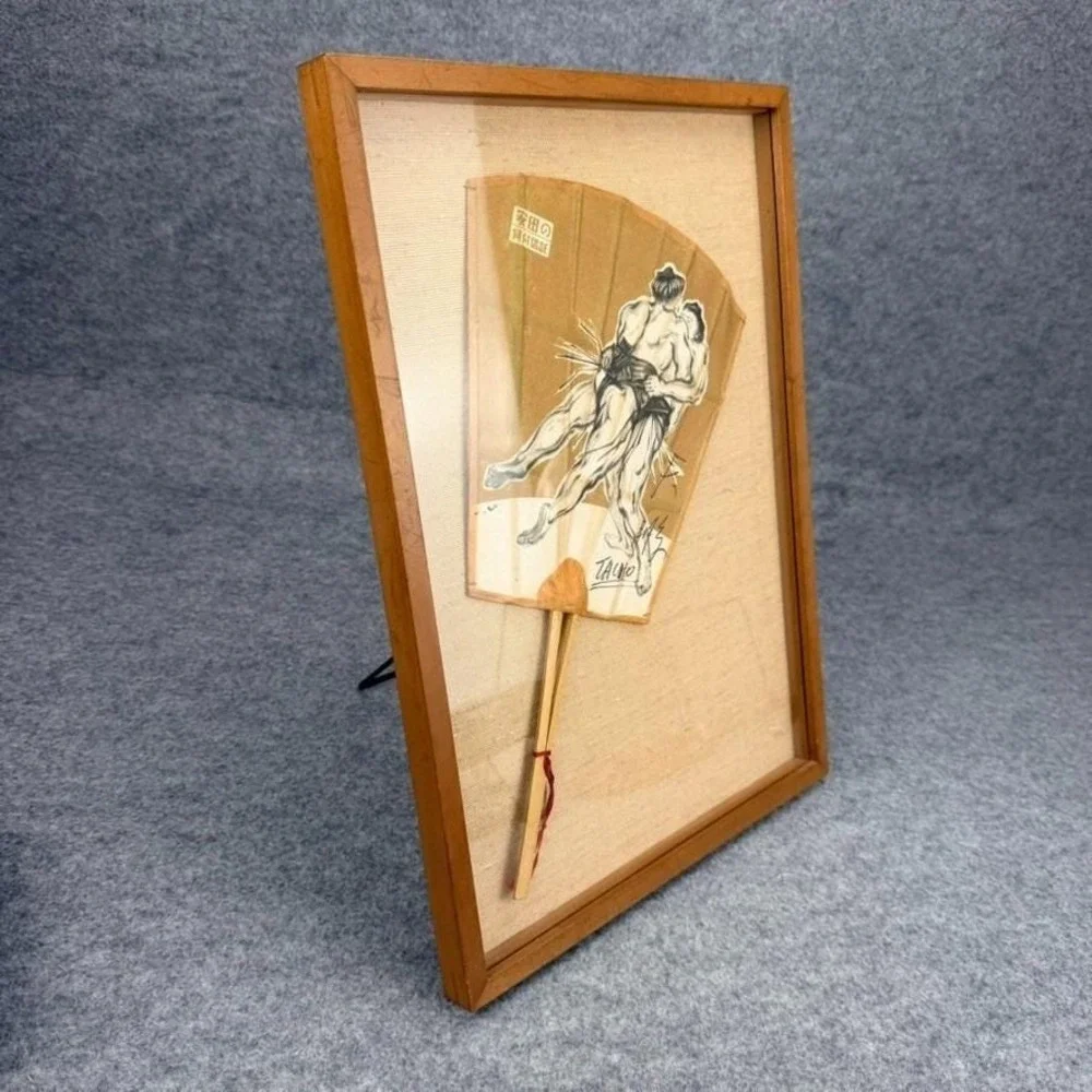 Vintage Japanese Framed Uchiwa Bamboo Fan Sumo Wrestlers Signed TACHO 12x17